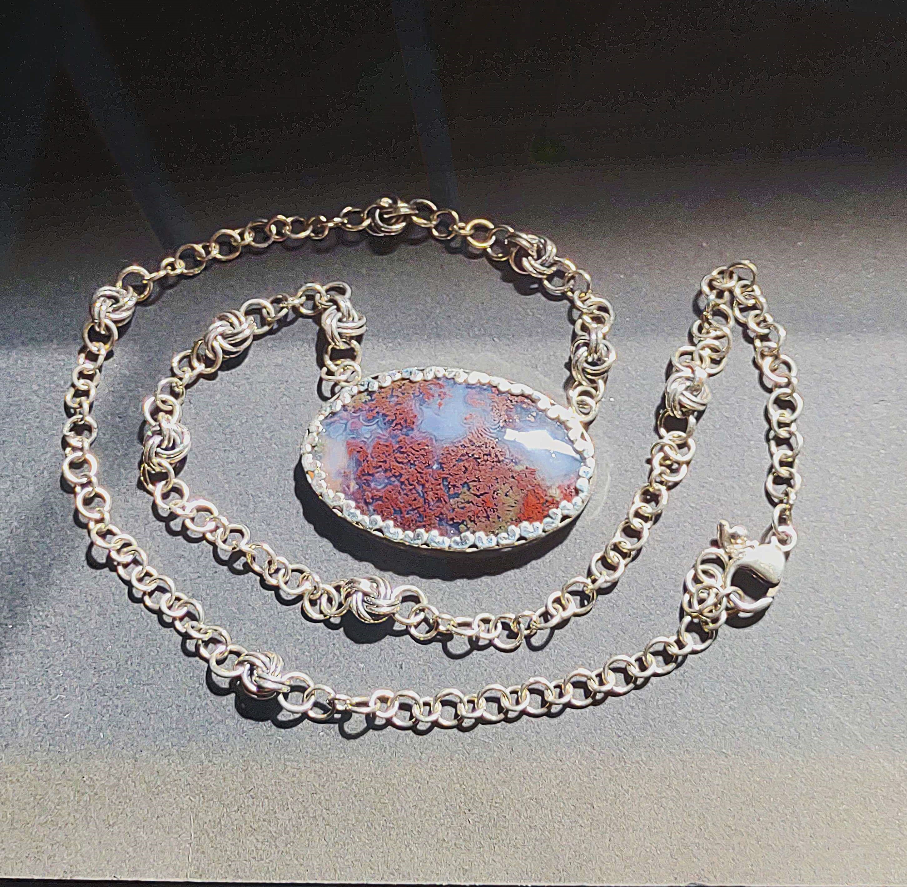 silver chain necklace with red agate stone